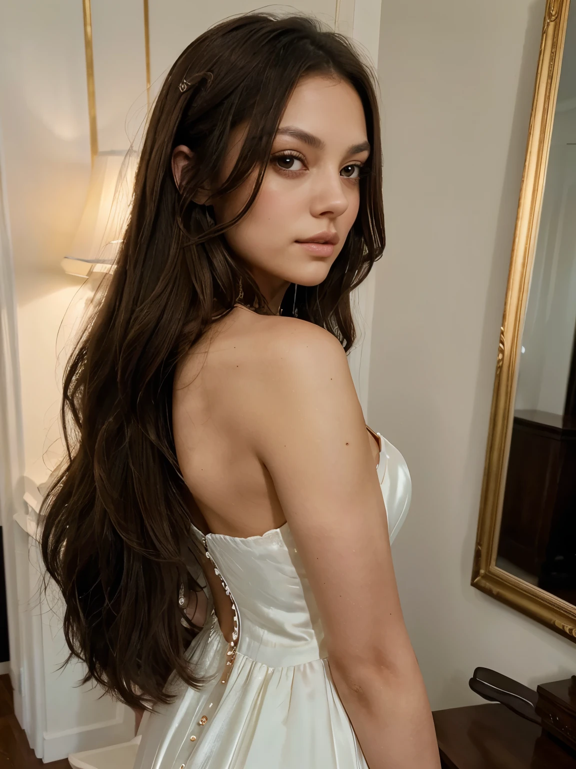 Elain, with long light brown hair cascading down her back and dark deep brown doe eyes, exudes a serene loveliness. She possesses flawless porcelain skin and is often seen in light-coloured dresses that provide a striking contrast against her features. In a stunning painting capturing her essence, Elain's beauty is further elevated by delicate features, a graceful demeanour, and an ethereal glow that captivates the viewer. Every detail is immaculately depicted, presenting a portrayal of timeless elegance and charm. She resembles a young Mila Kunis