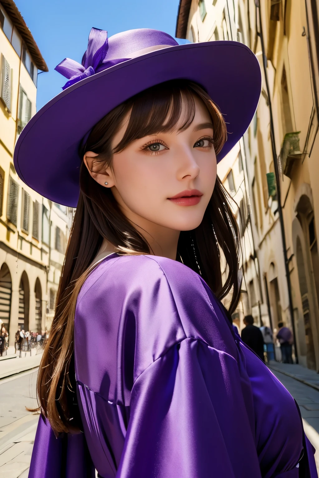 Model and background intact, Close-up of woman wearing purple dress and hat with Florence buildings background,