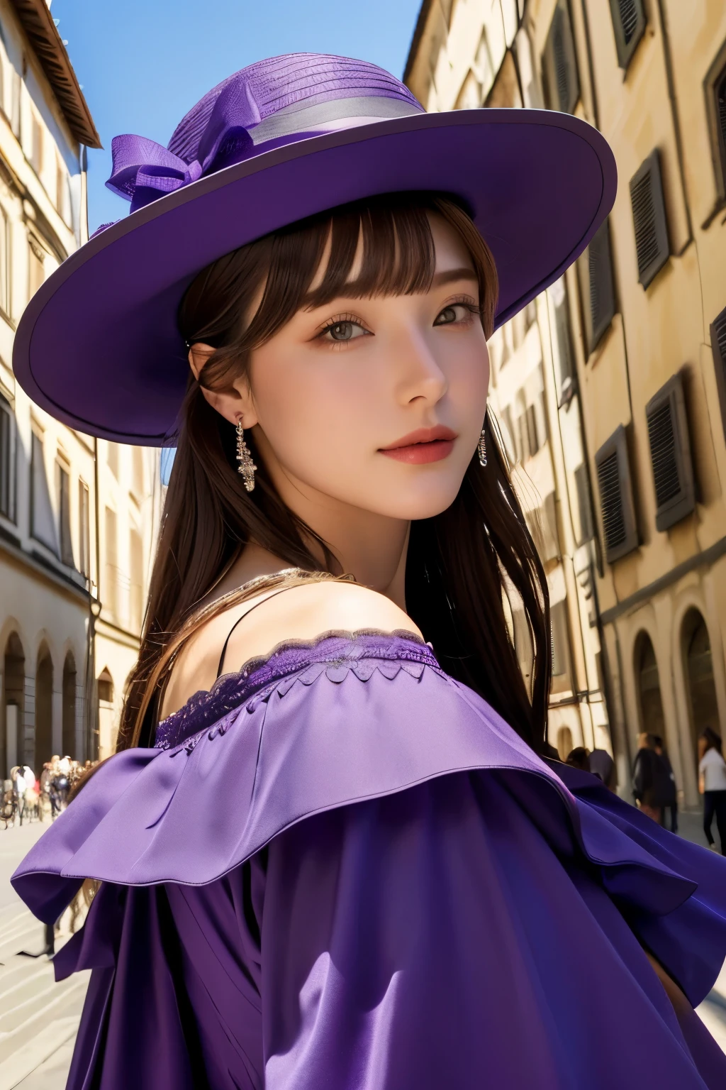 Model and background intact, Close-up of woman wearing purple dress and hat with Florence buildings background,
