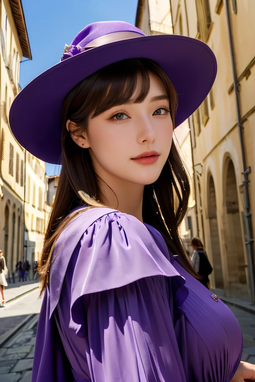 Model and background intact, Close-up of woman wearing purple dress and hat with Florence buildings background, 