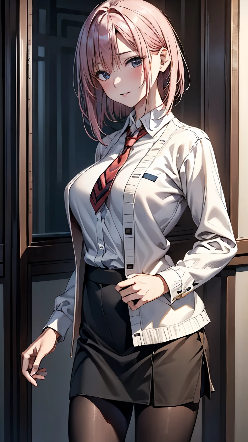 (masterpiece), ((highest quality)), (masterpiece,highest quality,Official Art,Highly detailed CG Unity 8k wallpaper), (Pink Hair, Short Bob), photograph, An elegant, upper-class, elite secretary in a business shirt, Working in the office,(business suit, skirt, Jacket), tie, Wearing pantyhose,Wear high-quality high heels,Girl in a shirt, business suitを着ている, Huge ,whole body,business suitを着ている, tie, Dramatic Light，Displaying the viewer, ((office Street:1.3))