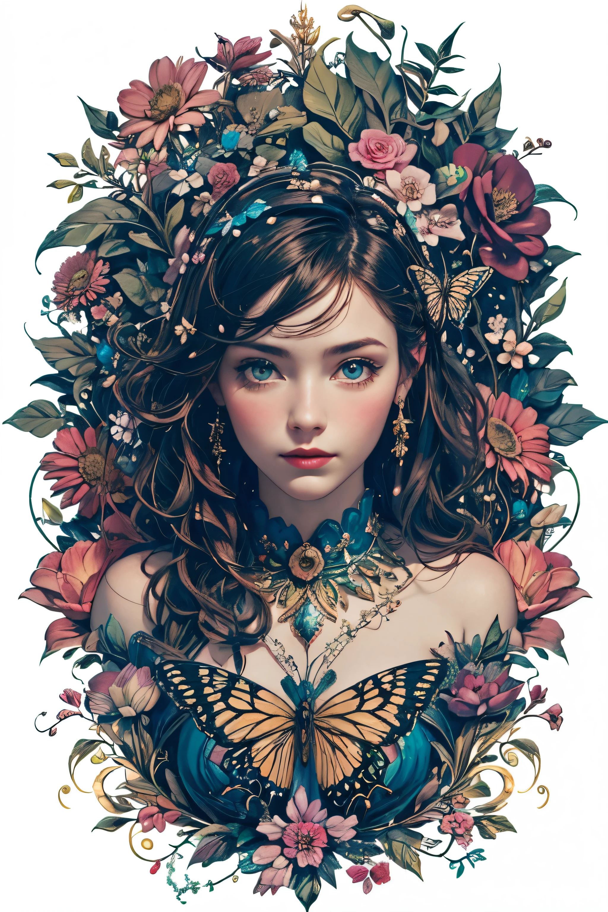 (High resolution:1.2,Practical:1.37),Girl in the magic garden, Fairytale atmosphere, Beautiful and delicate eyes, Flowing long hair, Bright flowers, Butterflies flying, Golden Sunshine, Soft and dreamy tones, Bizarre lights, Stunning scenery, Fantastic atmosphere, Surreal elements, Ethereal Beauty.