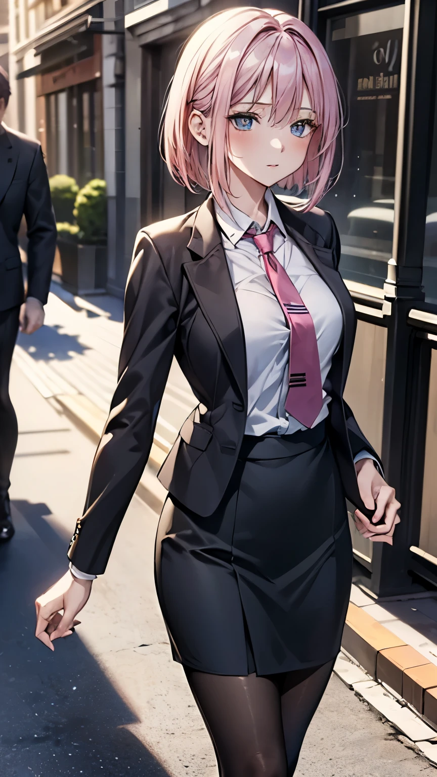 (masterpiece), ((highest quality)), (masterpiece,highest quality,Official Art,Highly detailed CG Unity 8k wallpaper), (Pink Hair, Short Bob), photograph, An elegant, upper-class, elite secretary in a business shirt, Working in the office,(business suit, skirt, Jacket), tie, Wearing pantyhose,Wear high-quality high heels,Girl in a shirt, business suitを着ている, Huge ,whole body,business suitを着ている, tie, Dramatic Light，Displaying the viewer, ((office Street:1.3, Walking around the city))