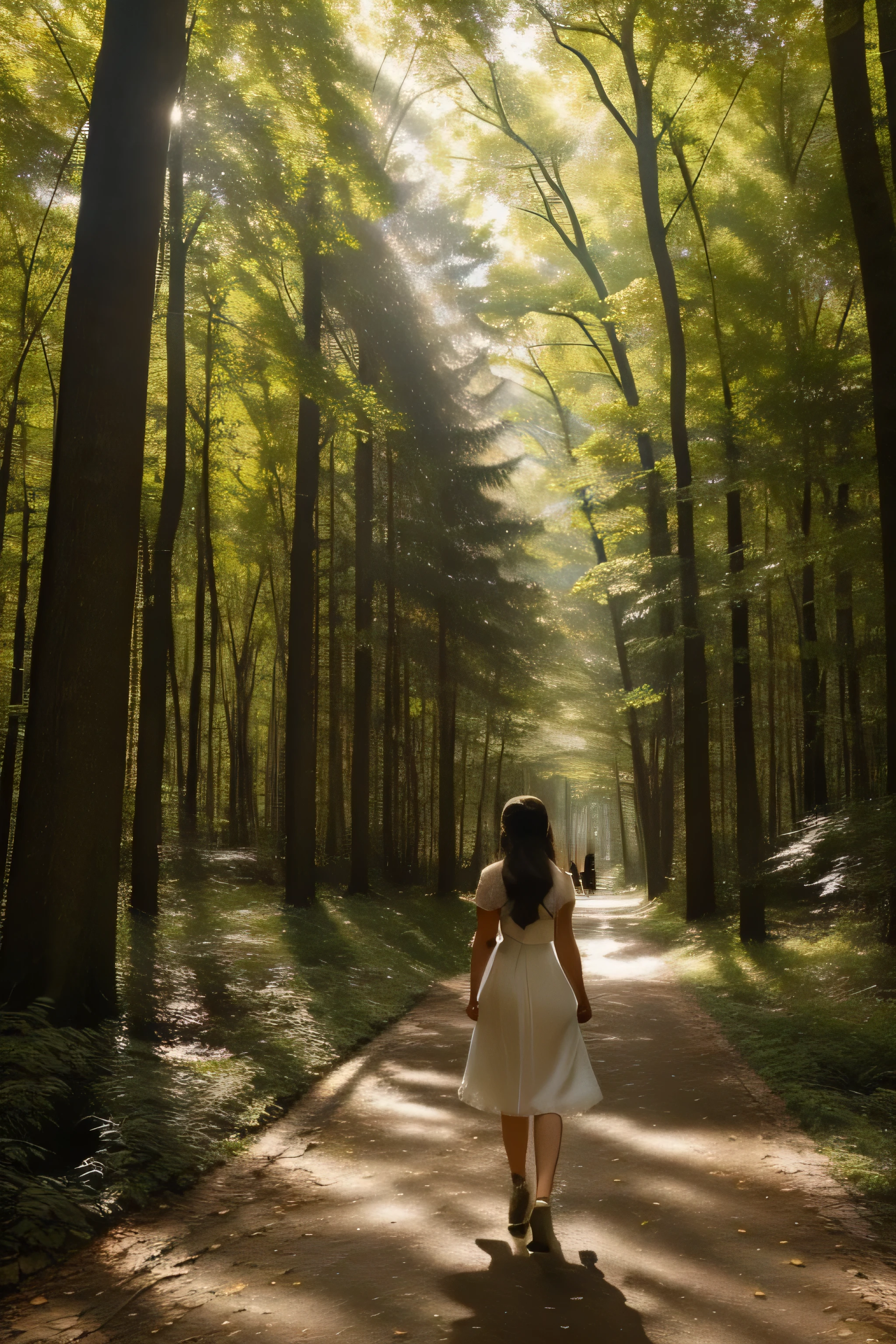 A beautiful girl is walking in the woods, Tall trees lined up along the sidewalk々Basking in the warm sunlight filtering through the canopy of leaves. The sunlight reflected dappled patterns on her white skin.。 The girl's long golden curls cascade down her shoulders, Highlighting her delicate features、Enhance your radiant smile. She is wearing a simple but elegant sundress., The hem flutters gently in the breeze. In her hands, She is carrying a bouquet of wildflowers that she picked from a nearby garden., Their petals rioted, Full body portrait:1.4),