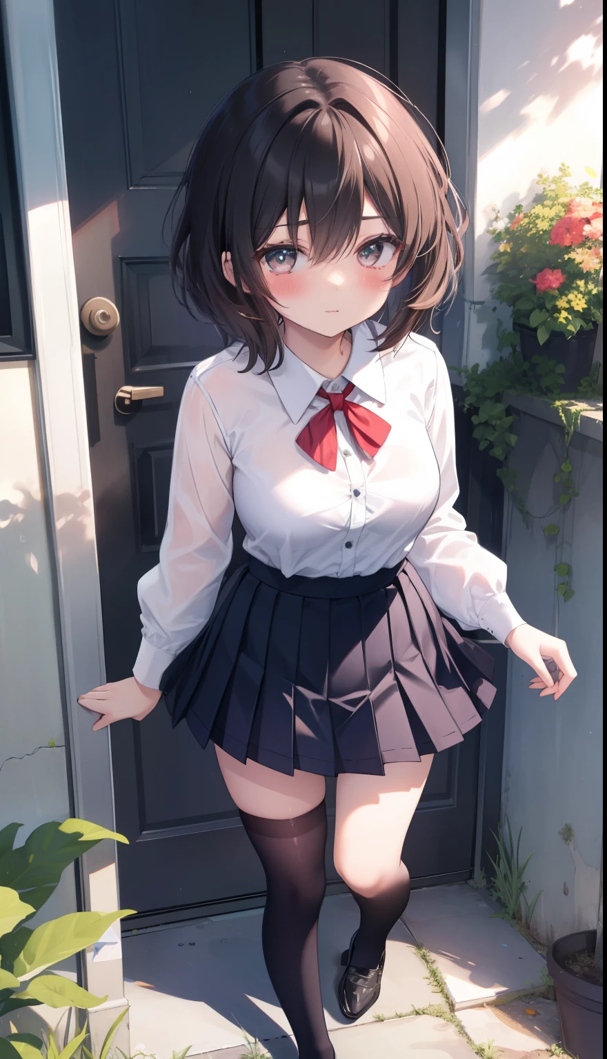 One Girl、positive、From above、Full body portrait、Brown haired、Medium Haircut、blush、Absolute area、Knee socks、stockings、Black knee-high socks、White underwear、Cleavage、Light blue cut shirt、Unbutton your shirt、Shirt buttons fly off、Navy blue checkered pleated skirt、Very short skirt、garden、Daytime、（Very large breasts）、((Lesbians all over))、masterpiece、（highest quality)、Panties around the ankles、loafers、The wind blows up my skirt、Knee socksのバイブレーター