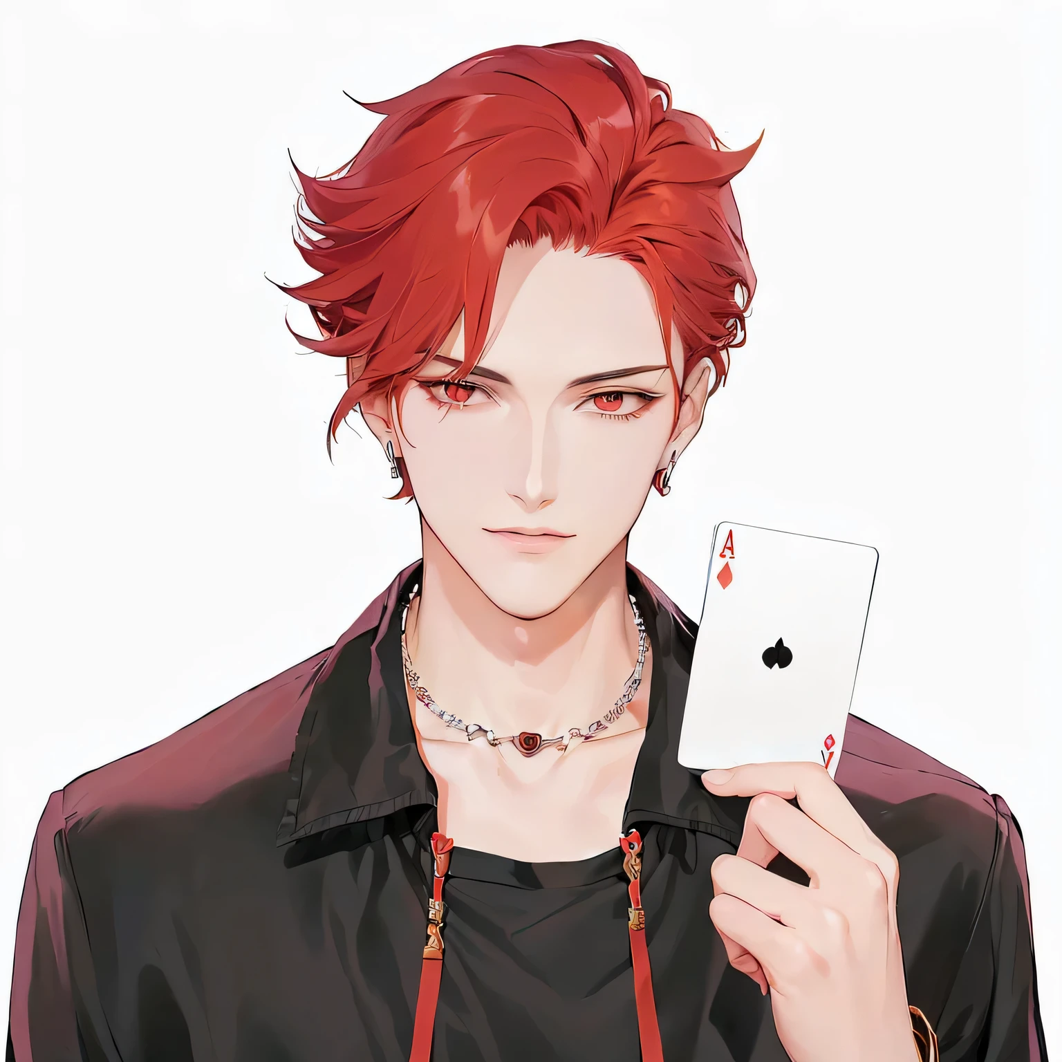 Cartoon image of a man holding playing cards and a necklace, Portrait of Hisoka Hunter, holding a trump card, cai xukun, Official character illustrations, The handsome guy in Demon Slayer, Official Character Art, Orange hair anime boy, The character's name is chad, card game illustration, Tanaka Katsu, Anime portrait of a handsome man