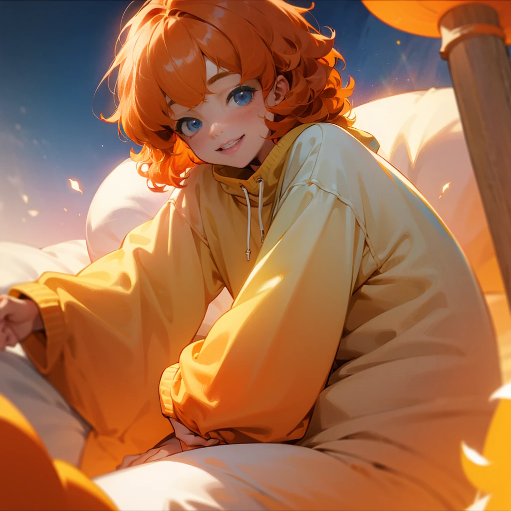1kid,curly short orange hair,blue eyes,cute smile,tiny,cute sweatshirt,masterpiece,soft light,8k,pixive