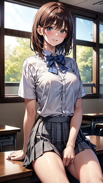 (masterpiece:1.2, highest quality), (Realistic, photoRealistic:1.4), Beautiful illustrations,
View Viewer, whole body, Front view:0.6,
1 girl, Japanese, high School girl, (Medium Hair:1.5), Hair fluttering, bangs, Hair between the eyes, Big Breasts:0.8,
Beautiful Hair, Beautiful Face, Beautiful fine details, Beautiful clavicle, Beautiful body, Beautiful breasts, Beautiful thighs, Beautiful feet, Beautiful fingers,
School, classroom, Schoolの校庭, (School zone:1.4)
((Collared short-sleeved shirt, White shirt, , Grey plaid pleated skirt, Blue checked bow tie)), White panties,
(Are standing, , Roll up your skirt, Grab the hem of the skirt, Place your hand on your chest, Place your hands between your legs),
blush, ,
