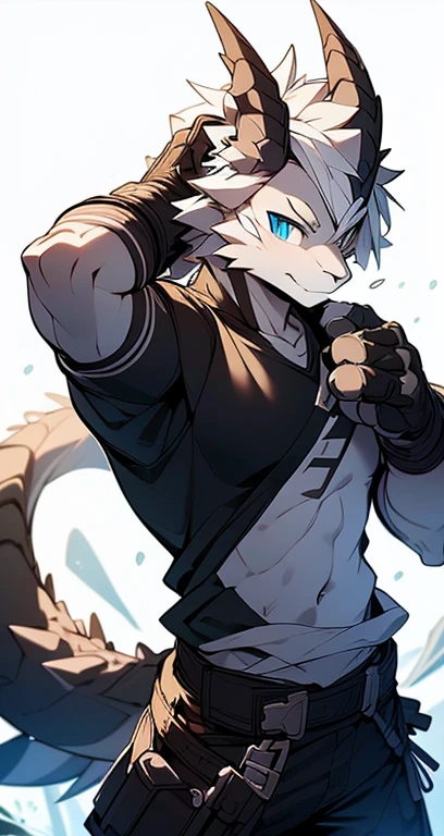 Masterpiece, Cool Pose, Furry Gray Dragon, Medium Strong Body, Blue Eyes, Grey Medium Hair, Combat Black Shirt, Combat Gloves, Combat Pants, Fierce, Good looking