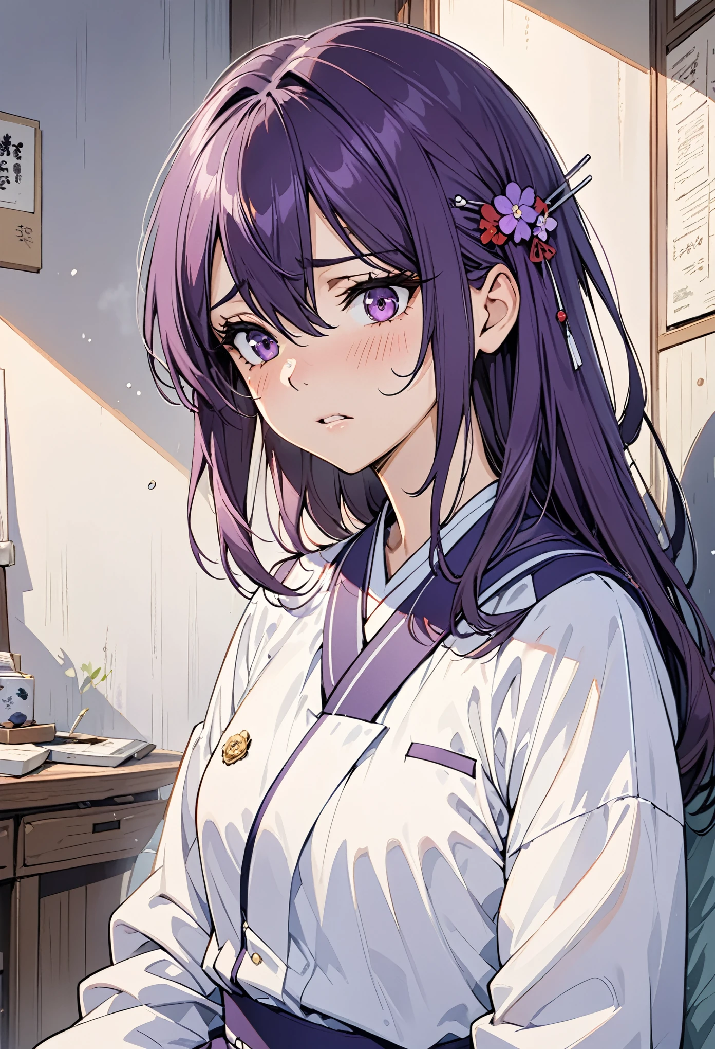 2d, masterpiece, best quality, Japanese cartoons, Very detailed, 1 Girl, Solitary, Yuri, Purple Eyes, Purple Hair, Hair between the eyes, Hairpin, Uniforms, Sick face