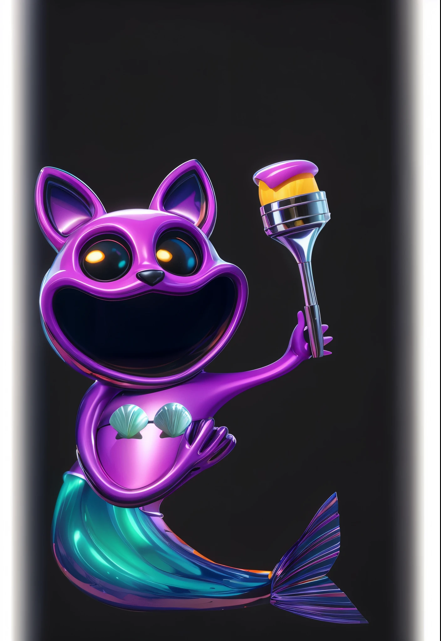 3d style, simplified design, 3d render, glossy texture, smooth 3d model, multiple light sources, rim light, sharp post effects render, (glossy plastic texture with multiple big light probe refractions), perfect cgi, smooth silhouette, high intensity refraction, (super glossy material), most beautiful vfx , blue background, plastic refractions, realistic, 4k, high resolution, rim light, photo shoot, commercial photo, profile shot, 4k, rim light, high resolution, 4k, glossy texture, smooth 3d model, multiple light sources, rim light, sharp post effects render, (glossy metallic texture with multiple big light probe refractions), perfect cgi, cgi art created only with gradients, smooth silhouette, high intensity refraction, (super glossy chrome material), most beautiful vfx, blue background, chrome metal refractions, multiple light sources, rim light, sharp post effects render, perfect cgi, digital art, detailed digital art, reflective, best quality, 4k, masterpiece:1.2, ultra-detailed, realistic, vivid colors, dark and moody lighting, The image of the highest quality, ensuring every detail is showcased perfectly. It in 4k resolution, allowing viewers to immerse themselves in the richness of the colors and intricate details. The realistic rendering. under the spotlight, reflecting, high-resolution image, realistic rendering, dark background, and rim light photorealistic The image features three characters standing in front of three houses. The characters are a red-haired mermaid, a purple cat, and an orange dog. They are each holding a yellow maraca