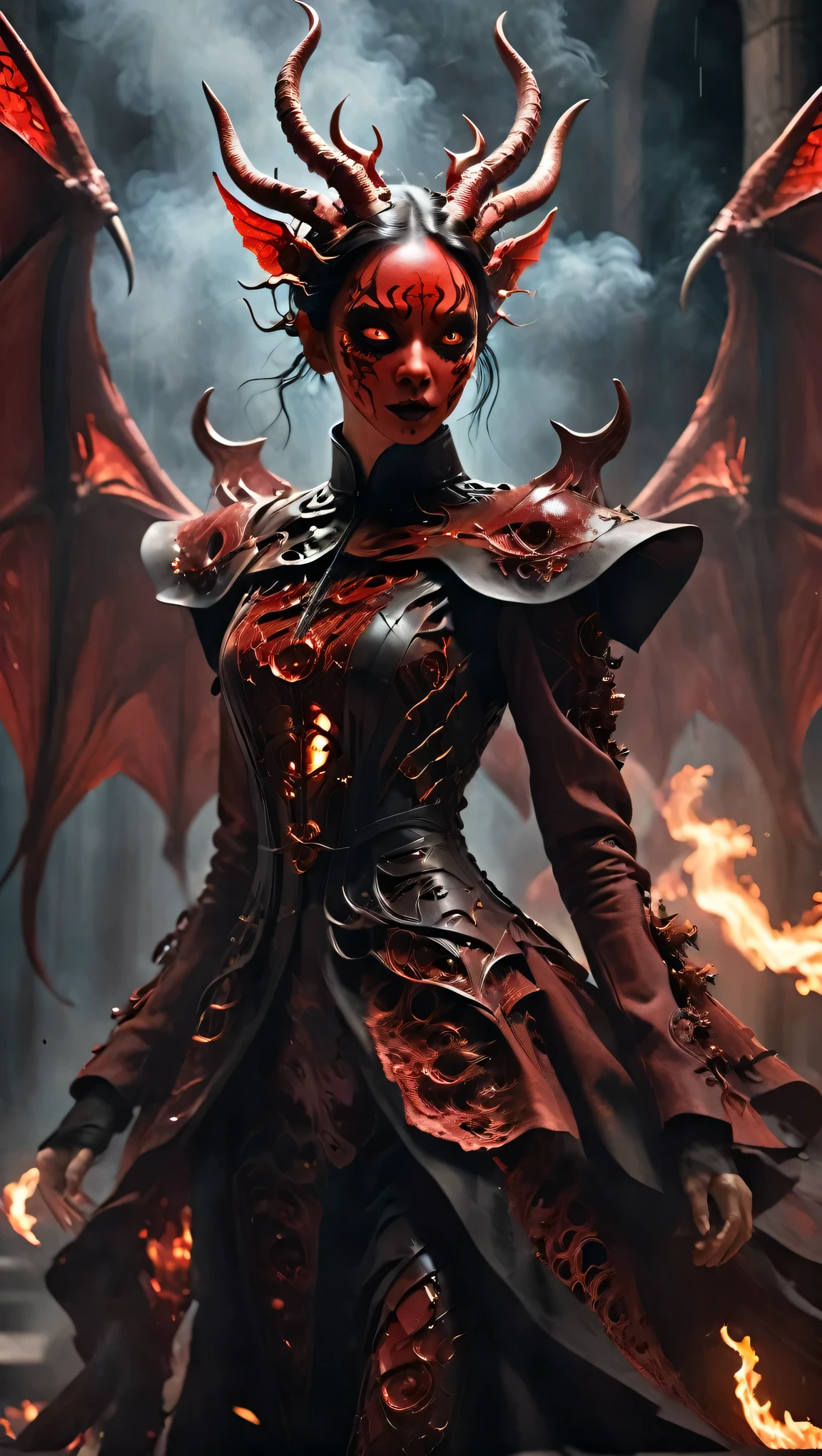 Horror themed movie stills,Terrifying red-skinned male devil,(Full body portrait:1.3),(Detailed monster faces:1.4),Scream,spread wings like a bat,(Fine scaly skin texture:1.2),long curved horns,(In hell, Tortured souls spinning, billowing smoke:1.5),black spiky armor,Shallow and deep,Vignette,Very detailed,High Budget,Bokeh,Widescreen,Moody,epic,Gorgeous,Film Grain,Granular . weird,Disturbing,dark,There is a lot of suspense,severe,Very detailed,Lark Opera,Chinese clothes,Face painting,