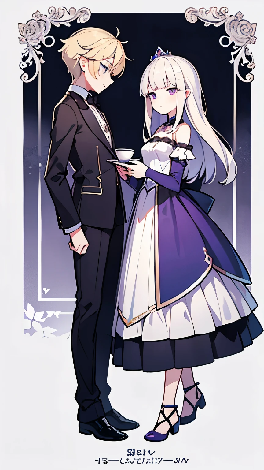 A princess with long platinum blonde hair and blue eyes,A servant boy with short silver hair and purple eyes,Two people standing side by side