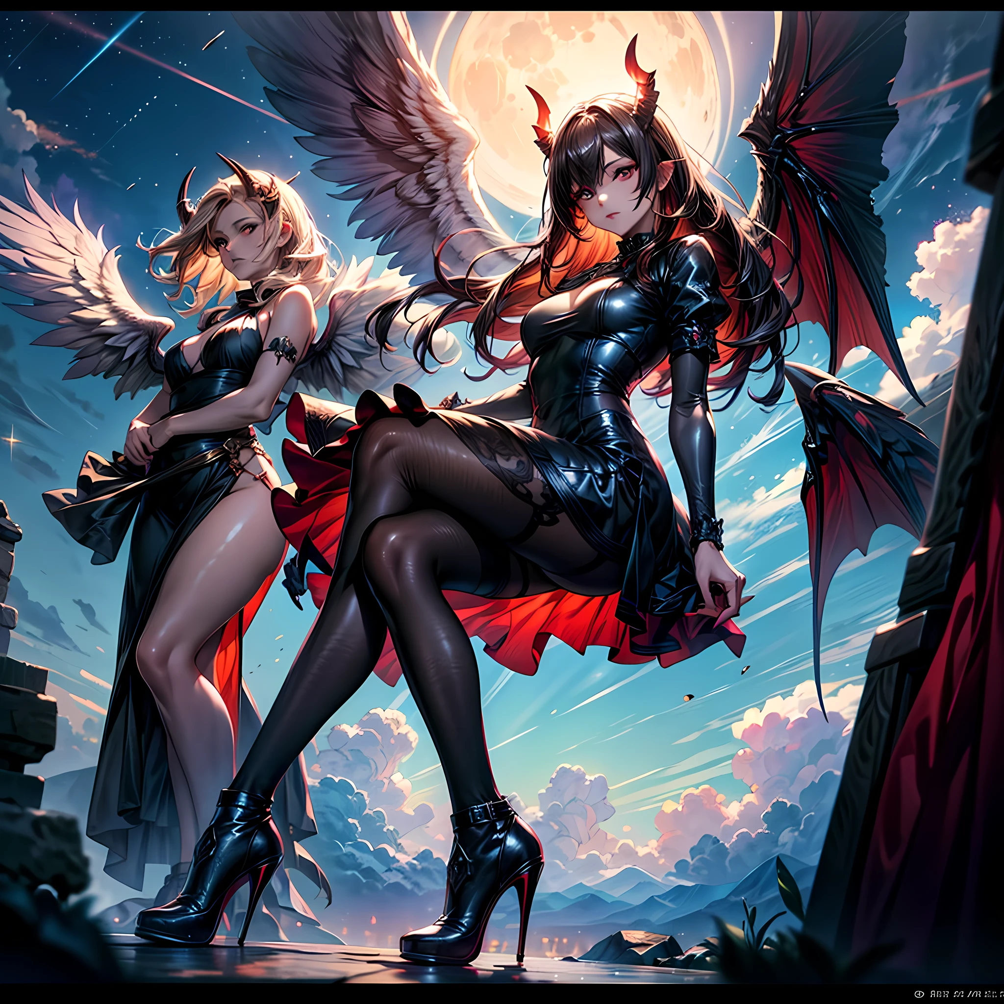 (highest quality, masterpiece, High resolution), 16K, fantasy art, RPG art a picture of (((2 women))), BREAK a (1female angel: 1.3) , wearing dress, pale skin, best details beautiful face , (blond: 1.2) hair, long hair wavy hair (blue: 1.1) eyes, high heeled boots, wearing a dress, large angelic wings, (white: 1.2) angelic wings spread BREAK ((AND)) a (1female demon: 1.3), (red: 1.2) skin, demonic wings, (black: 1.1) demonic wings spread, demonic horns, (red: 1.1) skin, black hair, red eyes, best details beautiful face, wearing a dress, high heels, in the border between heaven and hell, moon, stars, clouds, god rays, soft natural light silhouette, dynamic angle, photorealism, panoramic view (Masterpiece 1.3, intense details) , Wide-Angle, Ultra-Wide