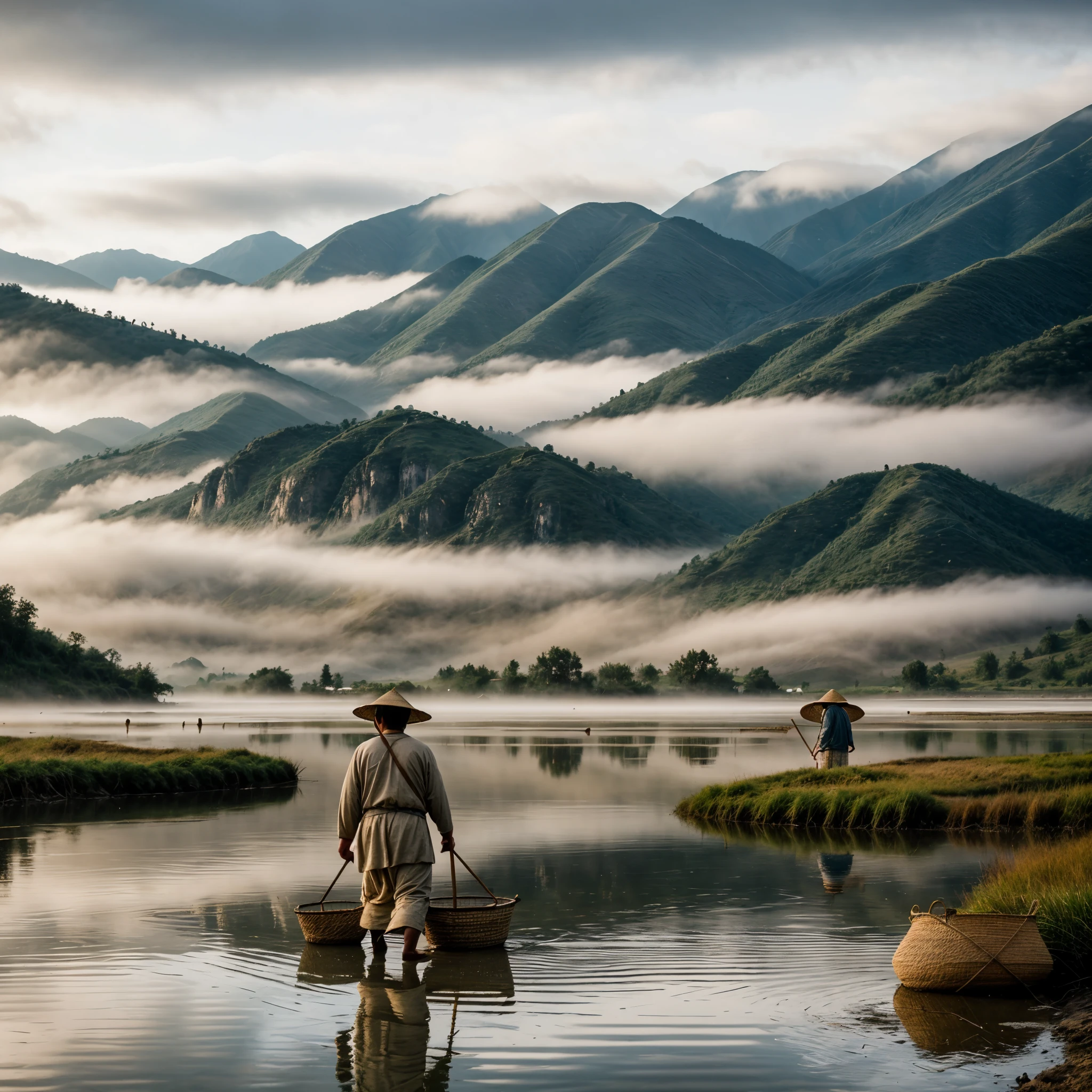 highly realistic, and full-quality image of a traditional Chinese farmer carrying baskets across shallow water. The scene is set against a backdrop of mist-covered mountain ranges, evoking a moody and serene atmosphere. The farmer, dressed in a traditional conical hat and simple clothing, balances bamboo poles on his shoulders with baskets hanging from each end. The water should be calm, with subtle ripples reflecting the mountains and the overcast sky. Soft, diffused light filters through the mist, casting a gentle glow over the entire scene. Include small details like reeds in the water, distant silhouettes of other farmers or water buffalo, and the texture of the farmer's clothing and baskets to enhance the realism and detail of the image.