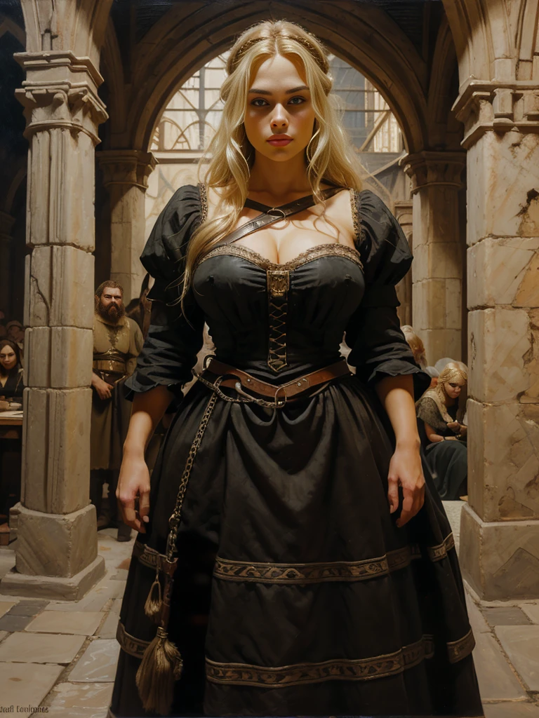masterpiece, oil painting of middlesized DSORCERESS as a peasant girl, 8K, 1girl, 2men, big head, short neck, pretty face, detailed face, pretty face, round cheeks, ((face of DSORCERESS)), face of DSORCERESS, detailed eyes, graue Augen, big eyes, ((full lips)), ((blond)), ((blonde hair)), Haaransatz, ponytail, sehr detailliert, sichtbare Taille, large breasts, voll bekleidet, Mittelalter, Portrait, ((one girl is standing leashed between two tall bearded men)), (full body), full cleavage, full lips, soft skin, (poor wooly dress), dreamy look, people in background, (detailed background with elements of a medieval marketplace), oil painting, american shot