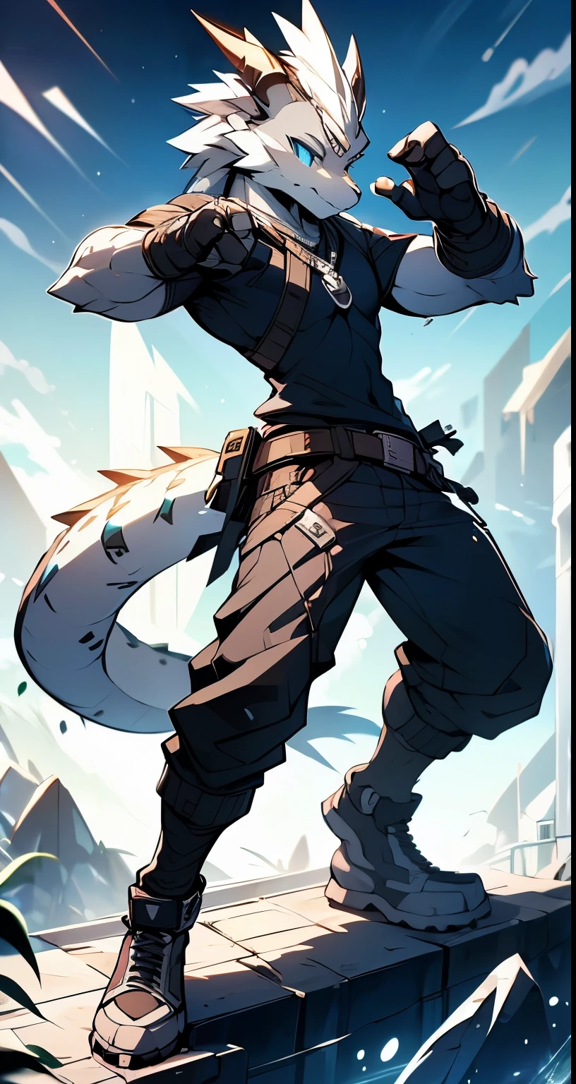 Masterpiece, Cool Pose, Furry Gray Dragon, Medium Strong Body, Blue Eyes, Grey Medium Hair, Combat Black Shirt, Combat Gloves, Combat Pants, Fierce, Good looking