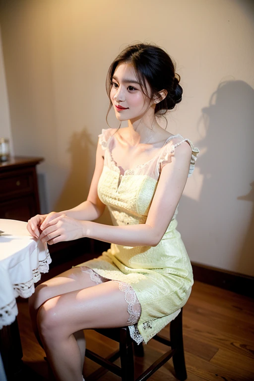 (Practical),masterpiece,best quality,movie lighting,Natural shadows,Highest detail,Professional photography,Detailed background,Depth of Field,Crazy details,Wheels within wheels,Aesthetic,Delicate face,Subsurface scattering,looking at the audience,1 Girl,whole body,A faint smile,charming,20 years,French Bob Hairstyle.Ahog,(md colorful),Fit and Flare Lace Dress,Ruffles,Musical instrument, Gourmet cuisine, Delicious food, Culinary Experience, Refreshing drinks, International cuisine, food culture