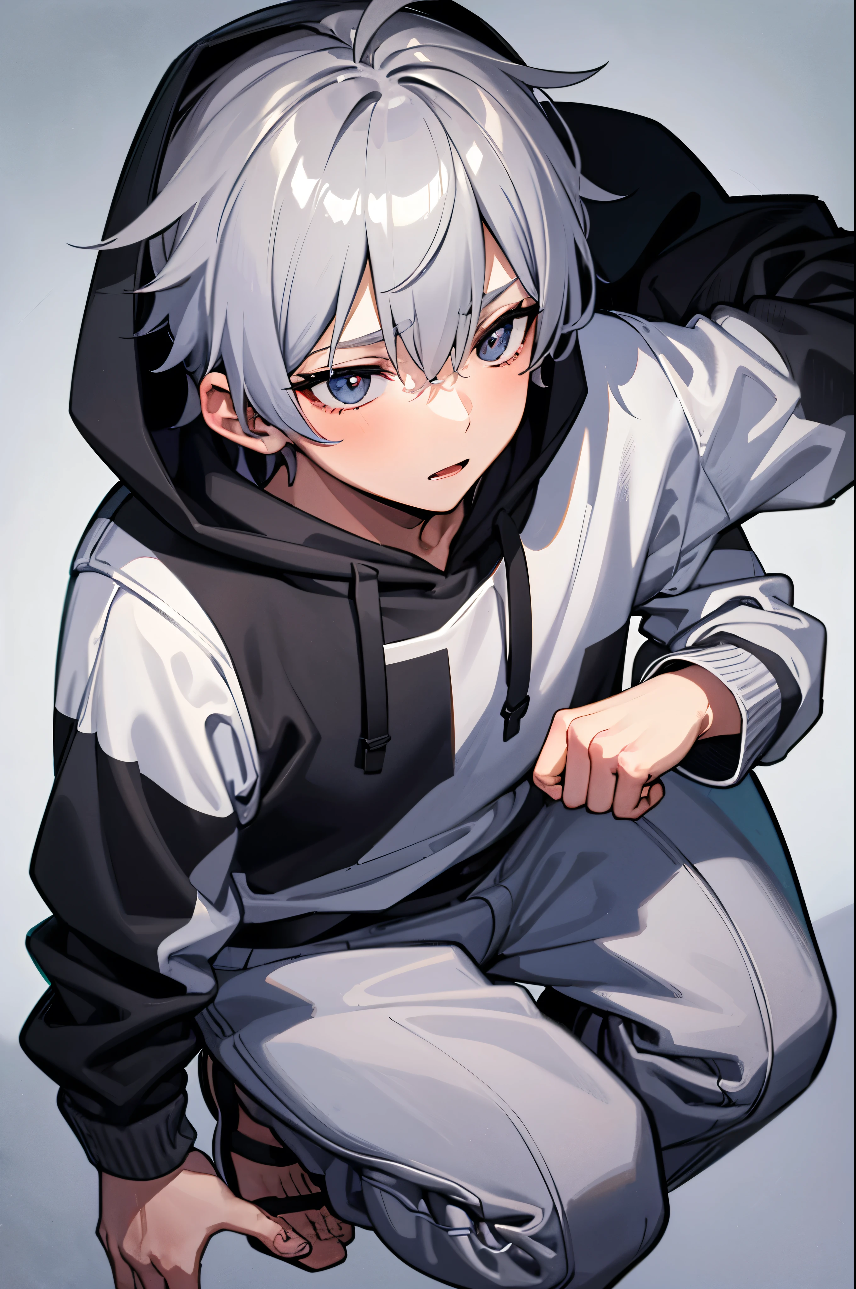1 boy, matured, 20-year-old, very short hair , gray hair, hoodie, wearing a hood, simple background, white background, natural color, ultra detailed, super delicate, high-res, 8k