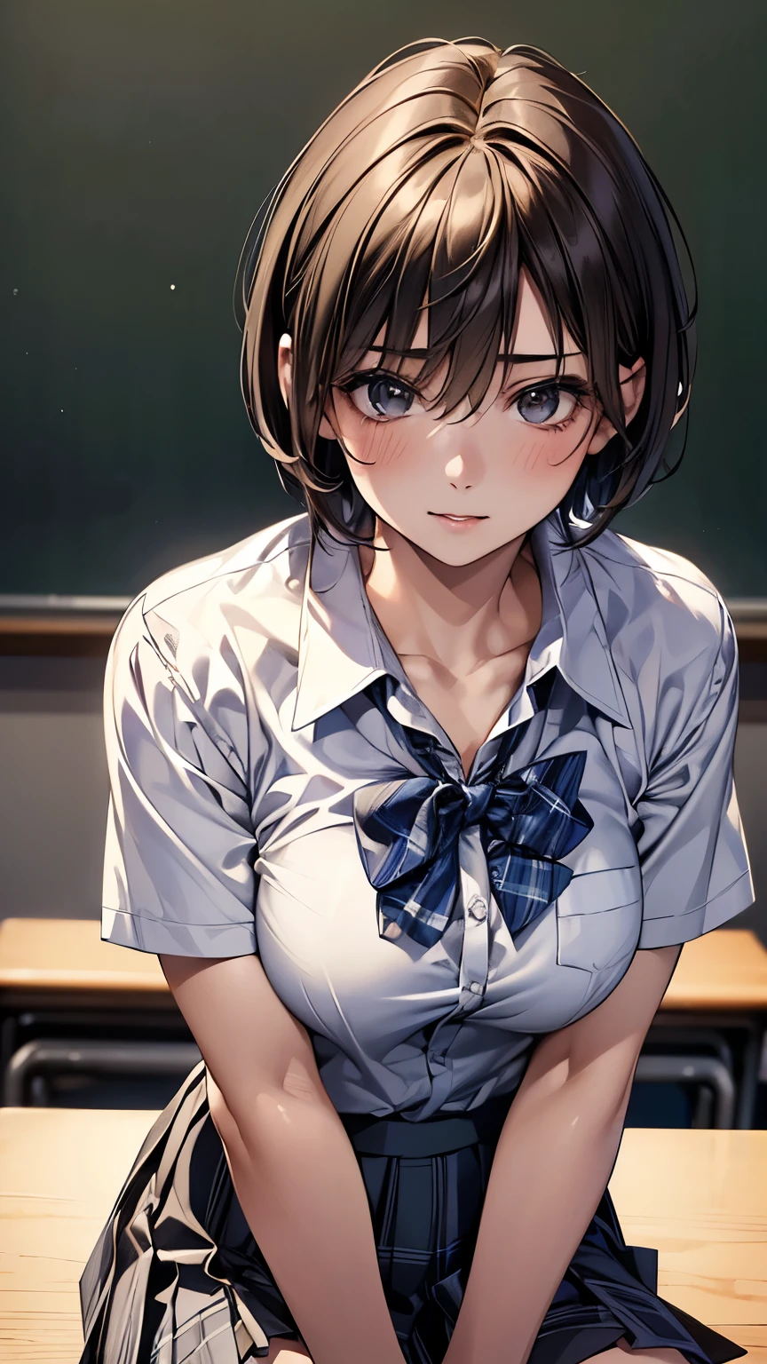 (masterpiece:1.2, highest quality), (Realistic, photoRealistic:1.4), Beautiful illustrations,
View Viewer, whole body, Front view:0.6,
1 girl, Japanese, high School girl, (short hair:1.5), Hair fluttering, bangs, Hair between the eyes, Big Breasts:0.8,
Beautiful Hair, Beautiful Face, Beautiful fine details, Beautiful clavicle, Beautiful body, Beautiful breasts, Beautiful thighs, Beautiful feet, Beautiful fingers,
School, classroom, Schoolの校庭, ((School zone:1.4))
((Collared short-sleeved shirt, White shirt, , Grey plaid pleated skirt, Blue checked bow tie))