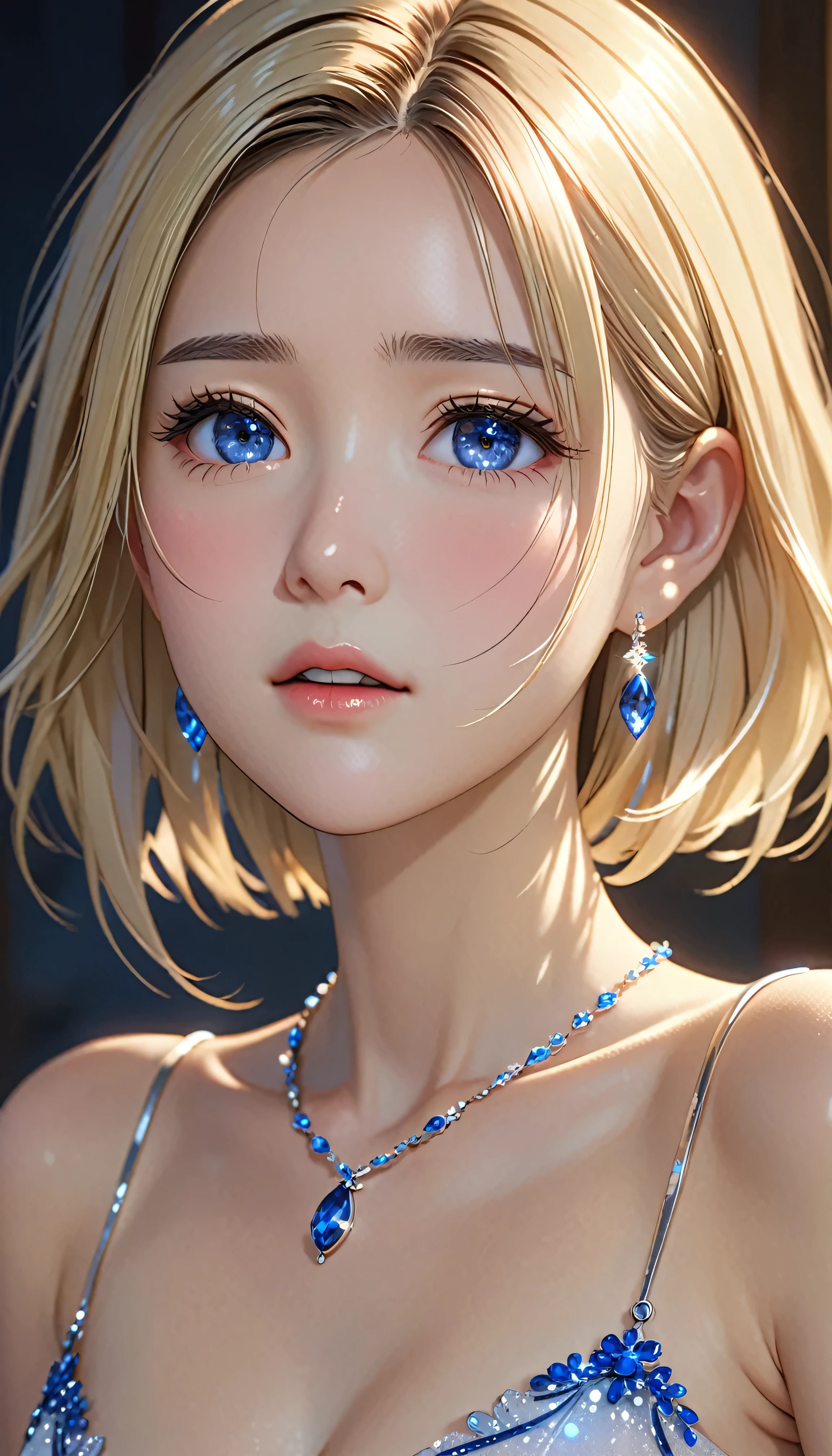 National Science Foundation,masterpiece,High resolution,8K,Art,digit,Three-dimensional,Realism,Kyoto Animation Style,Your name style,looking into camera,Soft Light,Glowing skin,(Medium breasts:1.2),(1 female: 1.3),(alone: 1.4),(((blonde))),(Naked upper body),(Sapphire hairpin),(Small,sapphire necklace),(Small,sapphire earrings),Long eyelashes,Slender legs,Short Bob,Close-up of upper body,Close-up,(Eyes that sparkle like sapphires),(open mouth),(blush),(shy),(lovely and delicate),(Pitiful),(cry),(pain),(shed tears),(((sadness)))