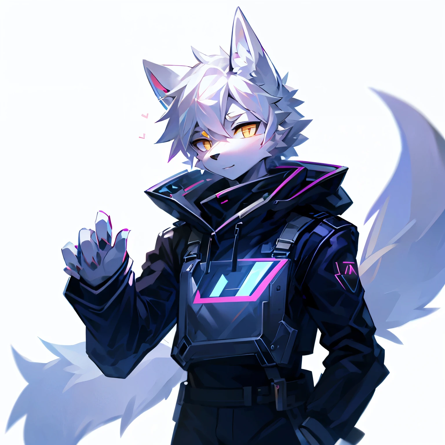 cyber punk perssonage,epcot,Tech style,solo person,White body,White ears,White hair,Overall white,Orange-yellow eyes,Wolf tail,Wolf orcs,Young,Wear a short-sleeved shirt,Ultra-clear screen,Soft lines