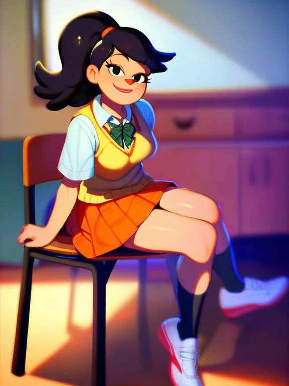 score_9_up,score_8_up,score_7_up, score_6_up,score_5_up, akiko yoshida, 1girl, black hair, solo, ponytail, sweater vest, school_uniform, orange skirt, socks, shirt, short sleeves, shoes, smile,looking at viewer, american dad,dot pupils, sitting on chair