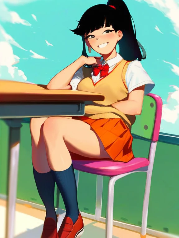 score_9_up,score_8_up,score_7_up, score_6_up,score_5_up, akiko yoshida, 1girl, black hair, solo, ponytail, sweater vest, school_uniform, orange skirt, socks, shirt, short sleeves, shoes, smile,looking at viewer, american dad,dot pupils, sitting on chair