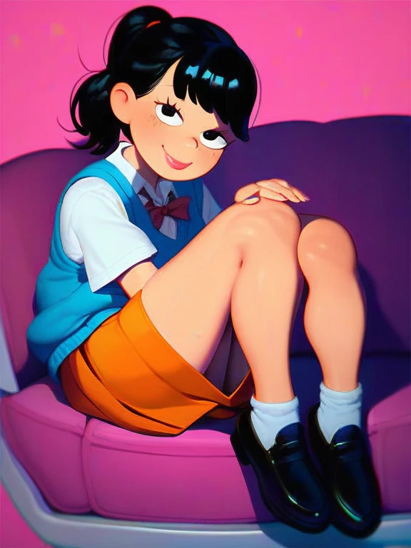 score_9_up,score_8_up,score_7_up, score_6_up,score_5_up, akiko yoshida, 1girl, black hair, solo, ponytail, sweater vest, school_uniform, orange skirt, socks, shirt, short sleeves, shoes, smile,looking at viewer, american dad,dot pupils, sitting on chair