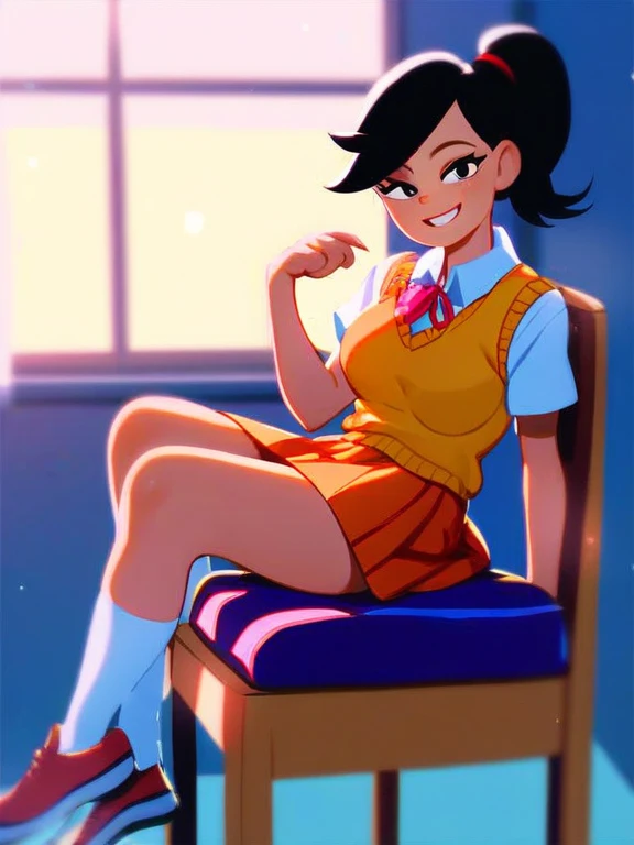 score_9_up,score_8_up,score_7_up, score_6_up,score_5_up, akiko yoshida, 1girl, black hair, solo, ponytail, sweater vest, school_uniform, orange skirt, socks, shirt, short sleeves, shoes, smile,looking at viewer, american dad,dot pupils, sitting on chair