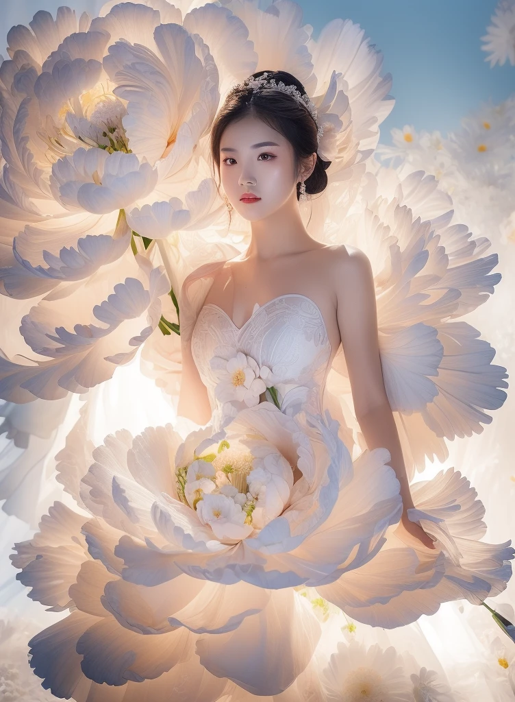 there is a woman in a white dress standing next to a large flower, sha xi, wedding dress, wenfei ye, clothes made out of flower, an intricate dress, wu liu, korean artist, Hungry Ghost Festival, flower dress, wenjun lin, flower goddess, lady with glowing flowers dress, yanjun chengt, xision wu