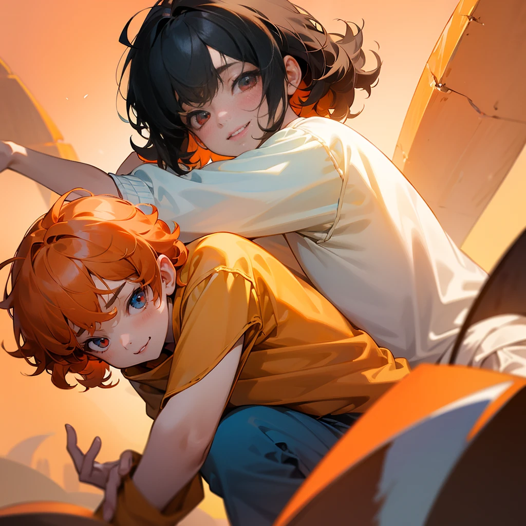 2kid,one is curly short orange hair,blue eyes,cute smile,tiny,cute sweatshirt,the other is black hair,red eyes,sharp face,masterpiece,soft light,8k,pixive