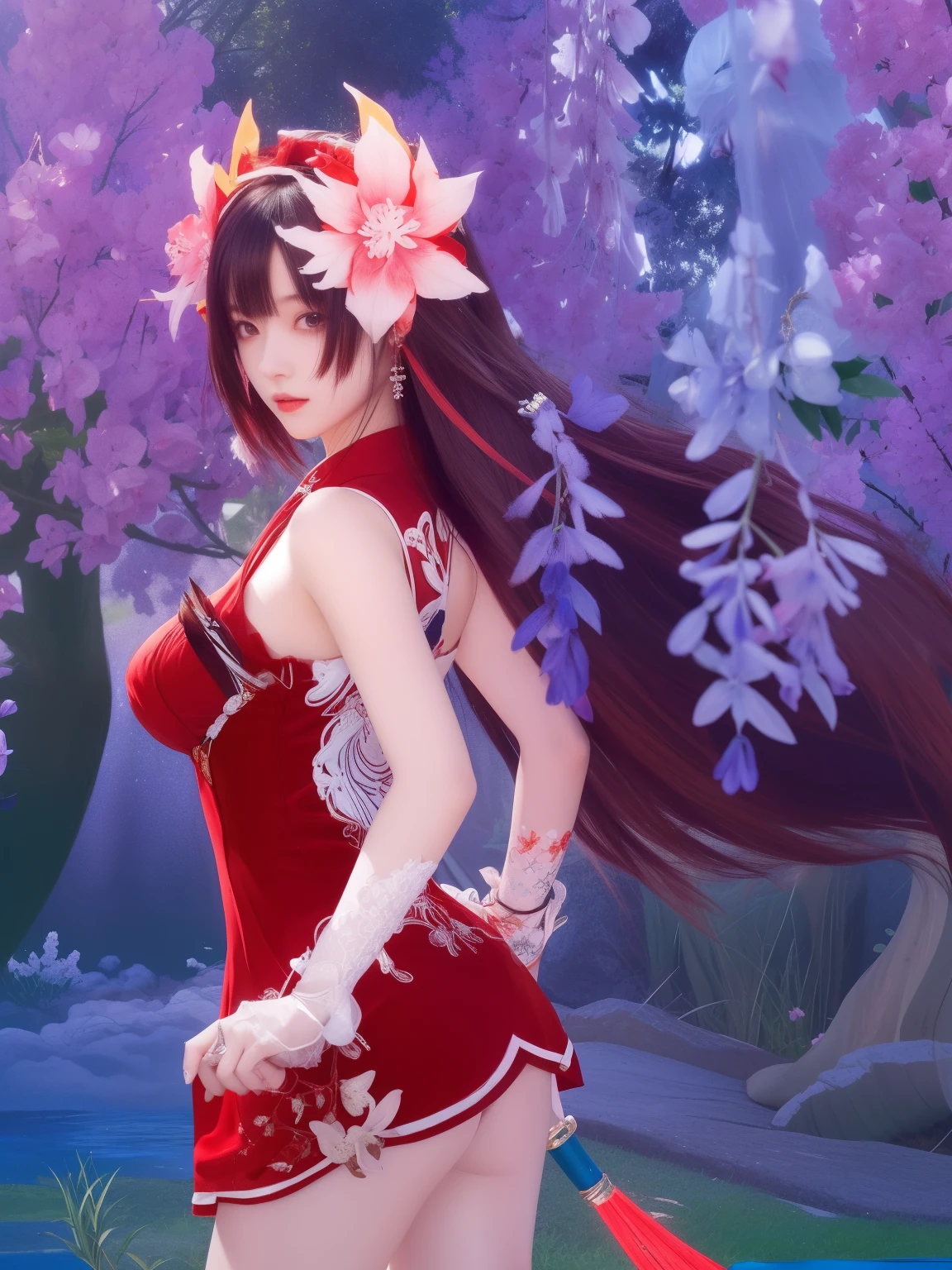 garota anime com vestido vermelho com uma espada em uma floresta, do videogame azur lane, will tear the fallen blood, Arte detalhada de Onmyoji, onmyoji, deve rasgar do senhor supremo, impacto de ayaka genshin, impacto genshin do jogo ayaka, estilo azur lane, personagens de azur lane, inspirado em Pu Hua, retrato de onmyoji