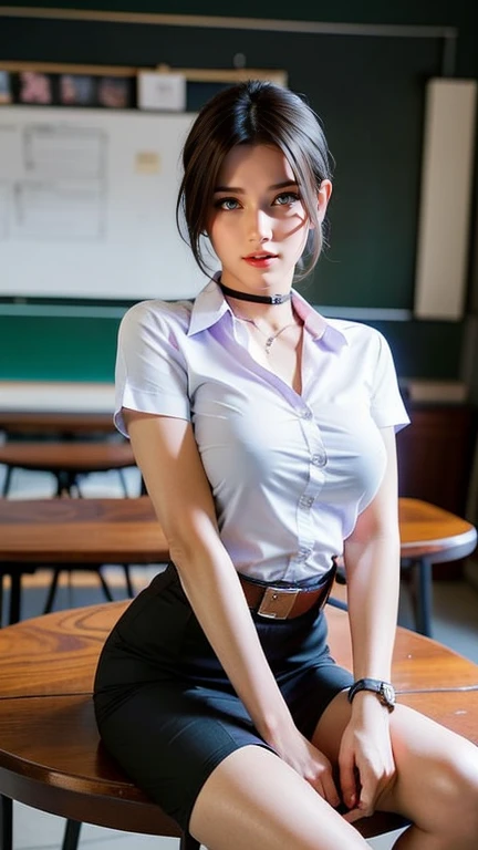 (8k high resolution), masterpiece, best quality, realistic ((medium bust)), hair in one eye, purple eyes, very big hoop earrings, sharp eyes, choker, red gemstone necklace. , (symmetrical eyes), (perfectly symmetrical body ), photo of a beautiful 20-year-old age girl, ((perfectly symmetrical body )), ((in the teacher's room)), (black short skirt), university uniform, (( female The girl wears a tight white short-sleeved shirt, unbuttoned, open chest showing off her beautiful breasts)) ((short black pencil skirt Deep slit skirt in front of the legs)), (mahalaiuniform), belt, bob, SHORT hair, side bangs, golden blonde hair, double eyelids, sharp eyeliner, blush eyeshadow. She has thick eyelashes, very delicate and beautiful, round chin, sharp focus. Elegant. She is already sitting on a full study table. Turn your head with your legs open to eye level. Open your legs. Lift your right leg over your left leg. Let your legs open naturally. Legs slightly separated. Dynamic pose, bracelet, women's watch,MIDDLE breasts,cup D