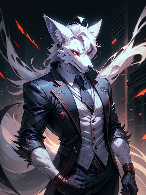 male, furry, wolf anthro, solo, white fur, red eyes, (Realistic eye details 1.2), headphone on head, business suit wear, Character focus, abs, Full body like, Masterpiece, dramatic lighting, soft lighting, day, highly detail, Hair coiled