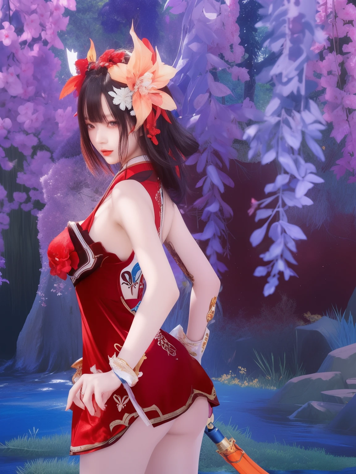 garota anime com vestido vermelho com uma espada em uma floresta, do videogame azur lane, will tear the fallen blood, Arte detalhada de Onmyoji, onmyoji, deve rasgar do senhor supremo, impacto de ayaka genshin, impacto genshin do jogo ayaka, estilo azur lane, personagens de azur lane, inspirado em Pu Hua, retrato de onmyoji