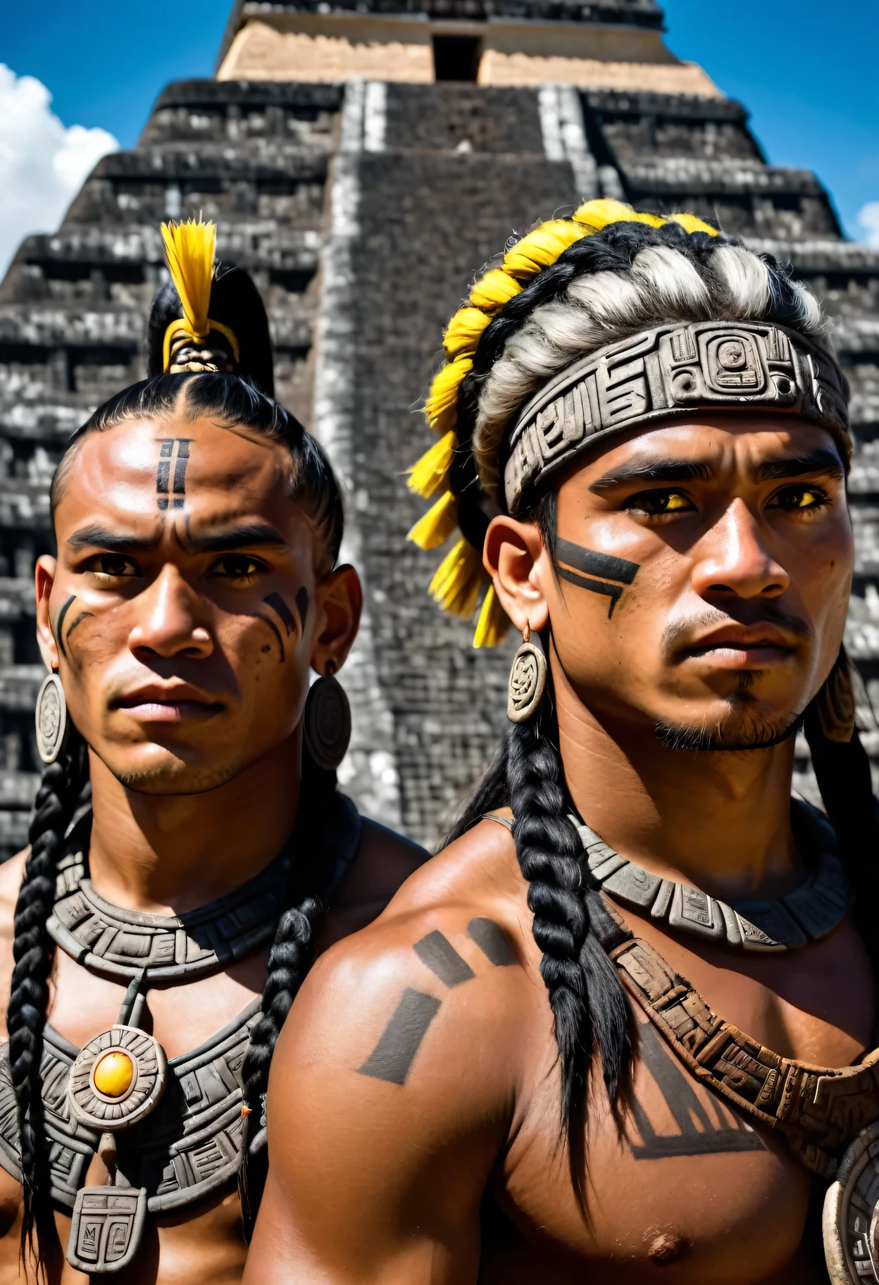 (masterpiece,Best quality,Super Fine,Best shadow),(Two Mayan warriors take a photo together,Dark skin,White hair,Yellow eyes,Black braids,Mayan clothing),(Background details,Close-up,Sky,Salama,Mayan civilization,Mayan Pyramids,forest,jungle,serious,anger),(Facial details,Male characteristics,Strong jawline),(Optimal lighting),(light),colorful,Dramatic light,Intricate details