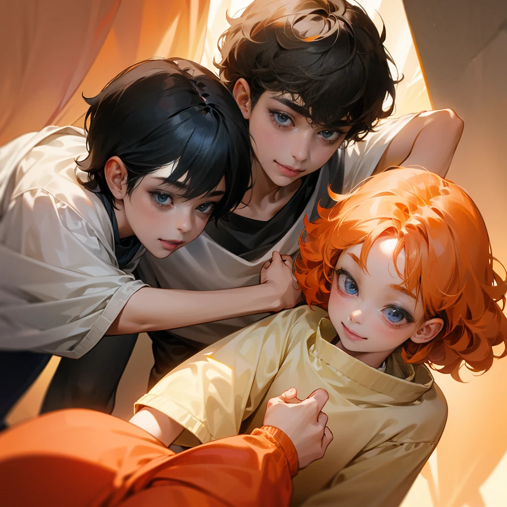 2kid,one is curly short orange hair,blue eyes,cute smile,tiny,cute sweatshirt,the other is black hair,red eyes,sharp face,masterpiece,soft light,8k,pixive