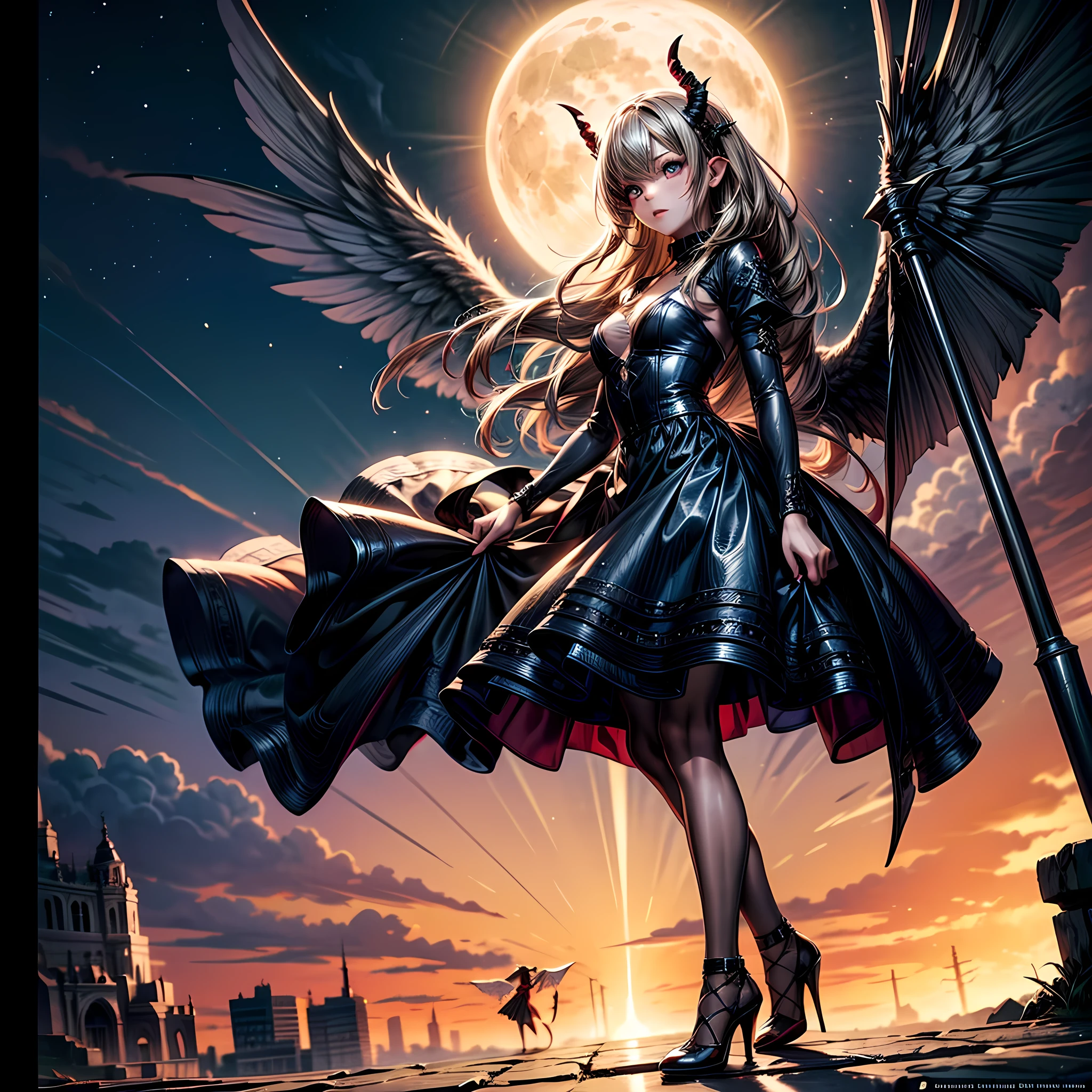 (highest quality, masterpiece, High resolution), 16K, fantasy art, RPG art a picture of (((2 women))), BREAK a (1female angel: 1.3) , wearing dress, pale skin, best details beautiful face , (blond: 1.2) hair, long hair wavy hair (blue: 1.1) eyes, high heeled boots, wearing a dress, large angelic wings, (white: 1.2) angelic wings spread BREAK ((AND)) a (1female demon: 1.3), (red: 1.2) skin, demonic wings, (black: 1.1) demonic wings spread, demonic horns, (red: 1.1) skin, black hair, red eyes, best details beautiful face, wearing a dress, high heels, in the border between heaven and hell, moon, stars, clouds, god rays, soft natural light silhouette, dynamic angle, photorealism, panoramic view (Masterpiece 1.3, intense details) , Wide-Angle, Ultra-Wide