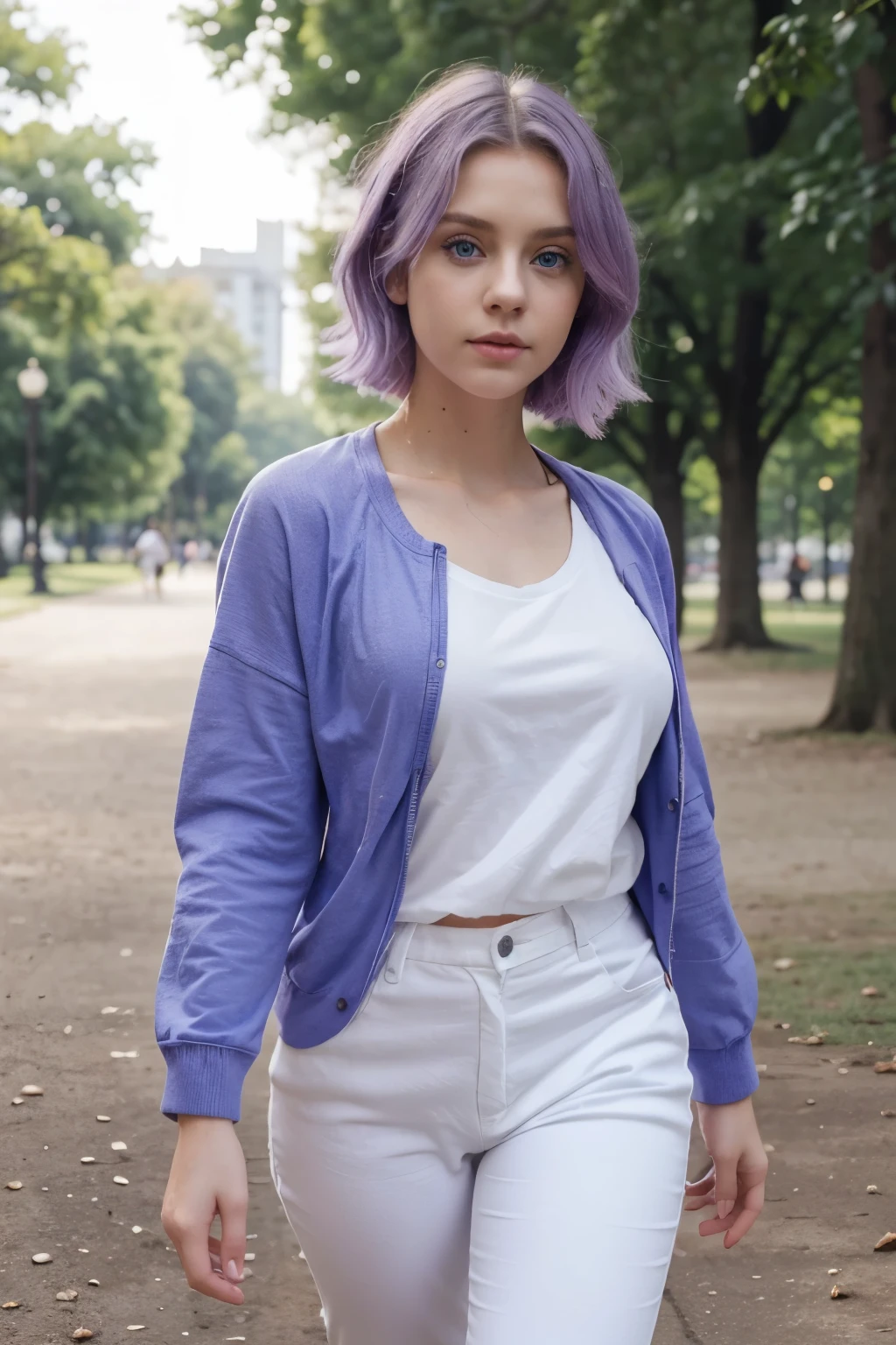 One girl, walking in the park, casual white clothes, Side photo, model appearance, cute face, 20 years, High quality, a lot of details, Blue eyes, big eyes, bob hair, light purple hair, ideal figure, fitness