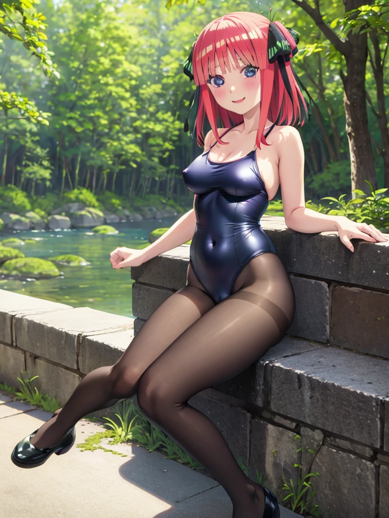 best quality, ultra-detailed masterpiece, nsfw, nino nakano, one-piece swimsuit, breasts, pantyhose, blush, smile, terrace, forest