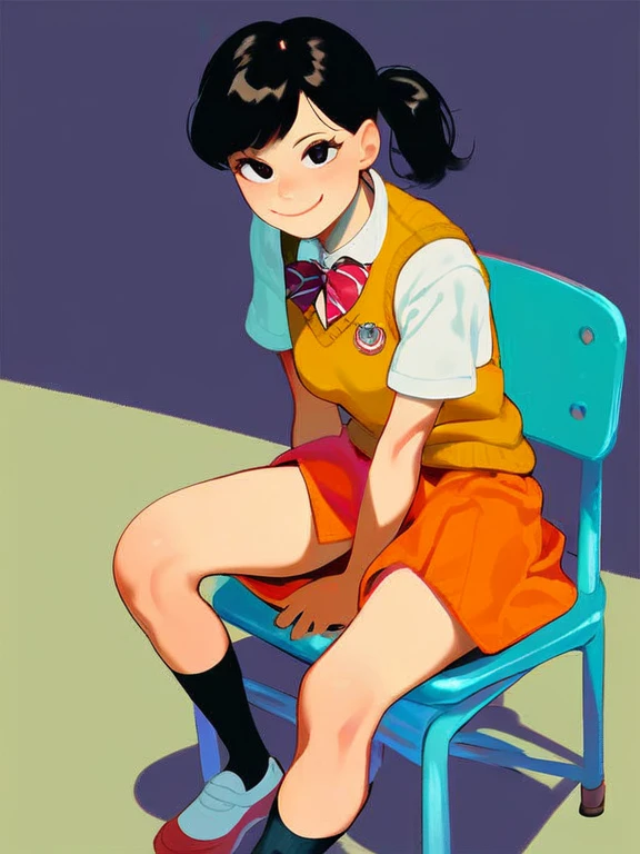 score_9_up,score_8_up, score_6_up,score_5_up, akiko yoshida, 1girl, black hair, solo, ponytail, sweater vest, school_uniform, orange skirt, socks, shirt, short sleeves, shoes, smile,looking at viewer, american dad,dot pupils, sitting on chair