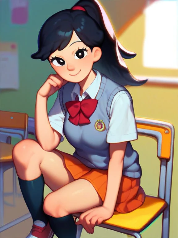 score_9_up,score_8_up, score_6_up,score_5_up, akiko yoshida, 1girl, black hair, solo, ponytail, sweater vest, school_uniform, orange skirt, socks, shirt, short sleeves, shoes, smile,looking at viewer, american dad,dot pupils, sitting on chair