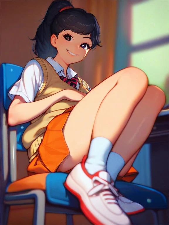 score_9_up,score_8_up, score_6_up,score_5_up, akiko yoshida, 1girl, black hair, solo, ponytail, sweater vest, school_uniform, orange skirt, socks, shirt, short sleeves, shoes, smile,looking at viewer, american dad,dot pupils, sitting on chair