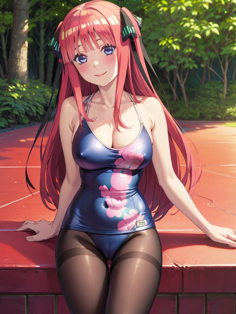 best quality, ultra-detailed masterpiece, nsfw, nino nakano, one-piece swimsuit, breasts, pantyhose, blush, smile, terrace, forest