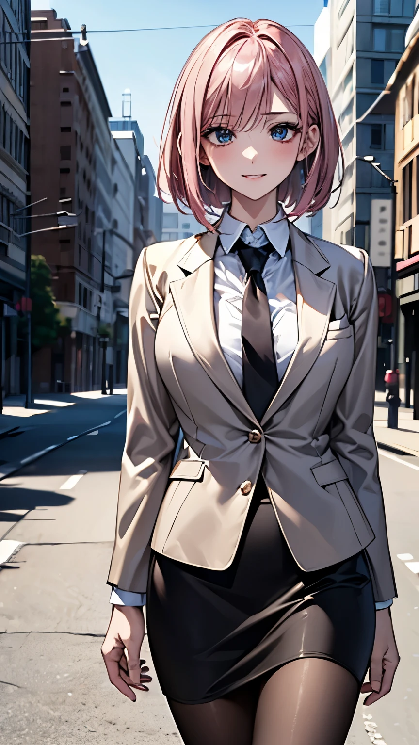 (masterpiece), ((highest quality)), (masterpiece,highest quality,Official Art,Highly detailed CG Unity 8k wallpaper), (Pink Hair, Short Bob), photograph, An elegant, upper-class, elite secretary in a business shirt, Working in the office,(business suit, skirt, Jacket), tie, Wearing pantyhose,Wear high-quality high heels,Girl in a shirt, business suitを着ている, Huge ,whole body,business suitを着ている, tie, Dramatic Light，Displaying the viewer, ((office Street:1.3, Walking around the city))