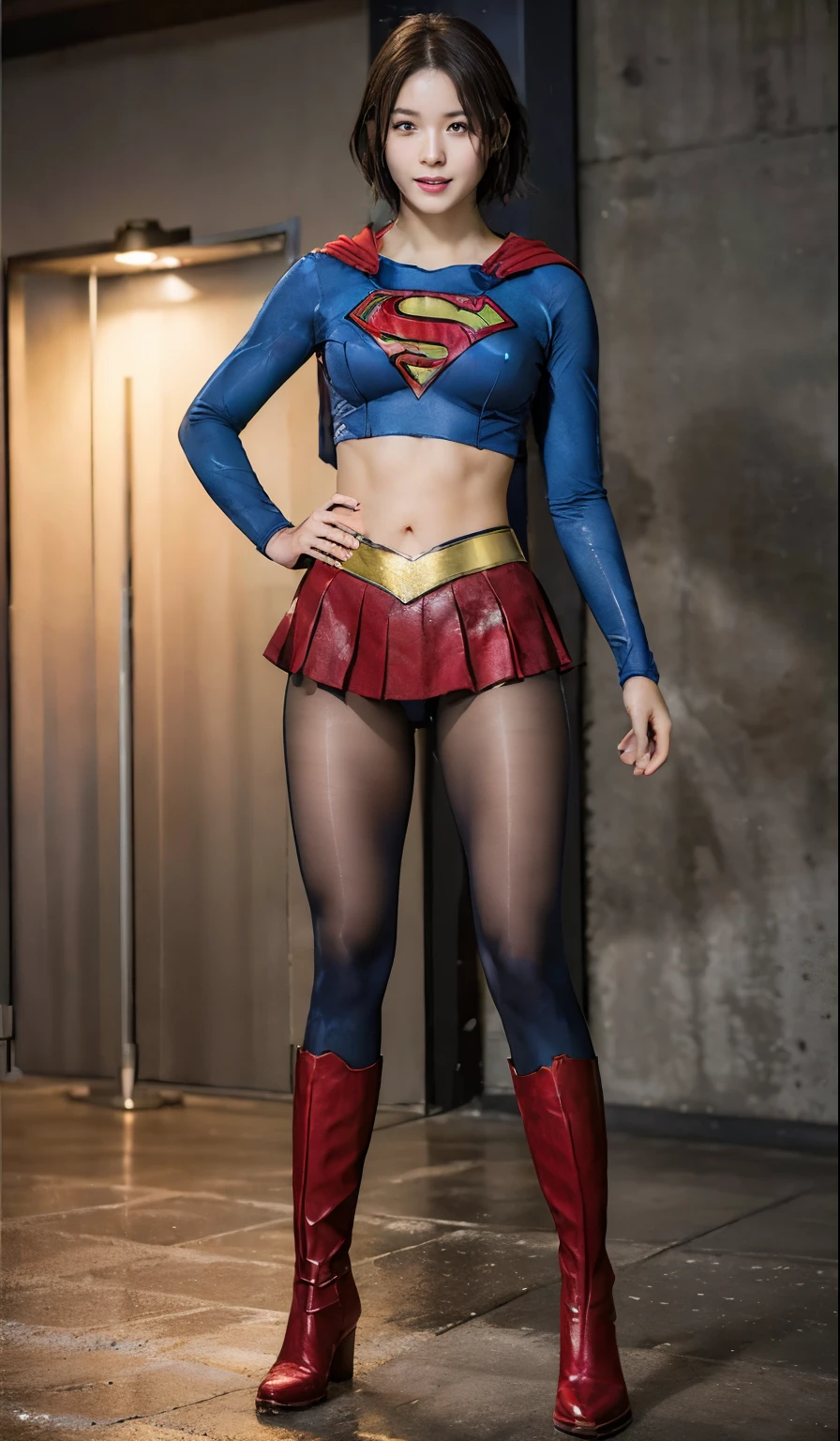 No background、(((Beautiful legs in black tights.)))、(((Legally express the beauty of your smile)))、((((Make the most of your original images)))、(((Body-fitting Supergirl costume)))、(((Supergirl Costume)))、(((Short beautiful hair)))、(((suffering)))、(((Please wear black tights....、Wear red boots)))、((Best image quality、8k))、((highest quality、8k、masterpiece:1.3))、(((Preserve background )))、Sharp focus:1.2、Beautiful woman with perfect figure:1.4、Slim Abs:1.2、Wet body:1.5、Highly detailed face and skin texture、8k