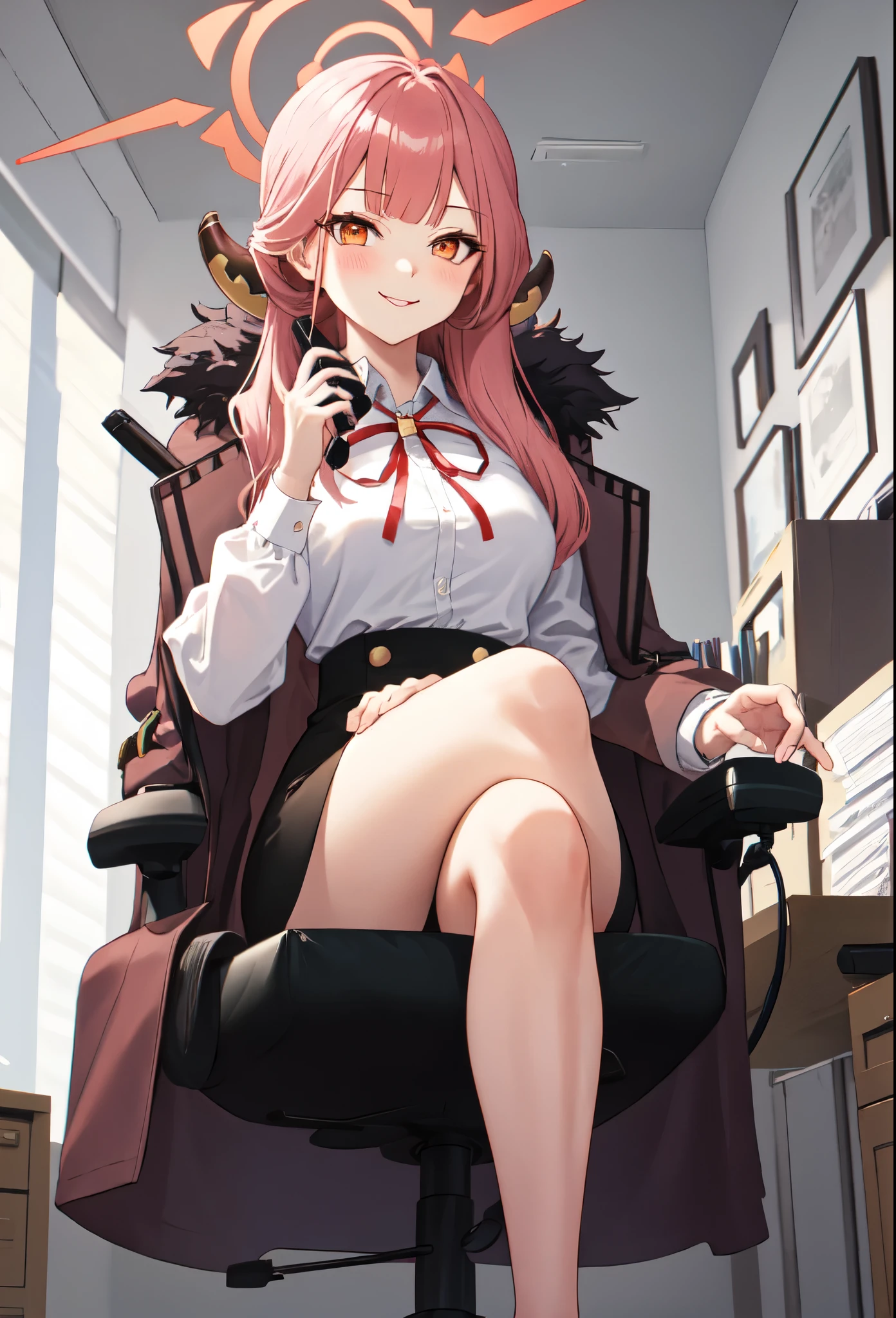 best quality, masterpiece, highres, solo, (aru_bluearchive:1.10), 1girl, black skirt, collared shirt, holding phone, long sleeves, looking at viewer, sitting, white shirt, high-waist skirt, pencil skirt, smile, coat on shoulders, fur-trimmed coat, blush, closed mouth, corded phone, crossed legs, indoors, thighs, shirt tucked in, brown coat, antique phone, bare legs, office chair, orange eyes, rotary phone, swivel chair, window blinds, 4 