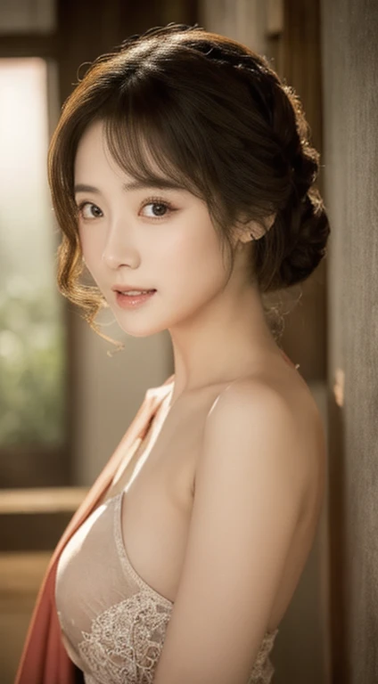 8K、top-quality、masterpiece、超A high resolution、a picture、beautiful japanese female、Elegance、There is a good、Moist beauty、The eyes are far away、Transparent atmosphere、Beautiful face、Raised corners of the mouth、Gradient lighting、1girl in、Delicate skin、Look into the distance、Brown-eyed、breasts are large、(realisitic:1.4)、(top-quality:1.0)、(超A high resolution:1.0)、8K、Raw photography、(pureerosface_v1:0.5), wearing sexy satin camisole, almost naked,