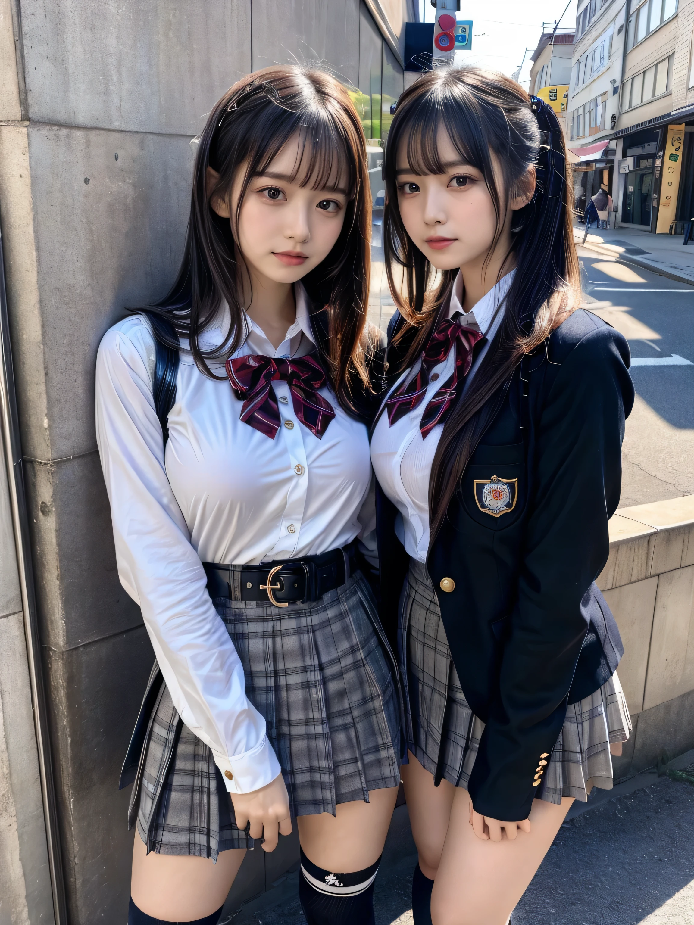 (8K, Raw photography, top-quality, ​masterpiece:1.2), muster piece, best quality, illustration, Super detailed, fine details, High resolution, 8K,wall paper, perfect dynamic composition,(Details High quality, realistic depiction of eyes:1.3), ((2 girls, 2 schoolgirls)), The background is a luxury hotel room、High school girl uniform、blazer 、Super Short Check Uniform Skirt、Navy blue high socks、garterbelts、Colossal tits、Disturbed uniform, Play with each other,Touching each other's bodies,Touching the body of the girl next door, short bob hair, black hair color, huge breasts, Big Natural Color Lip, bold sexy pose, (perfect body shape), crying a little、cold gaze, Harajuku style、Beautiful makeup,glitter makeup,Cutest 18 years old、 beautiful legs, hposing Gravure Idol, Voluptuous thighs